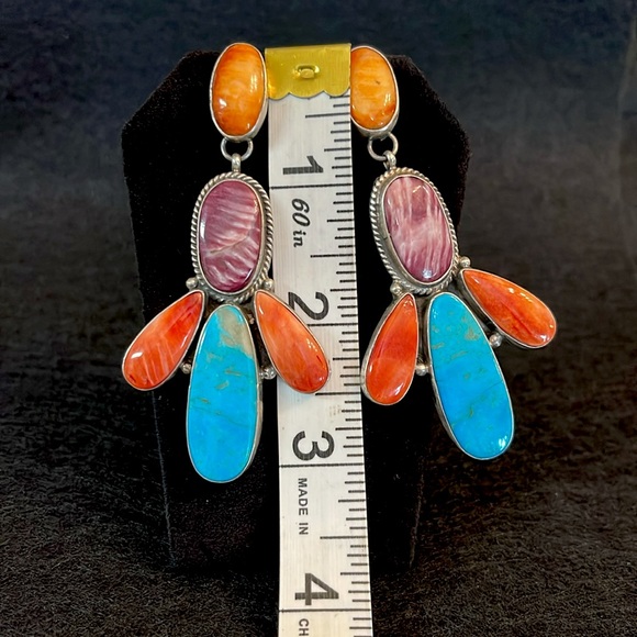 🌈 AUTHENTIC STERLING SILVER TUEQUOISE & SPINY EARRINGS - Picture 9 of 11